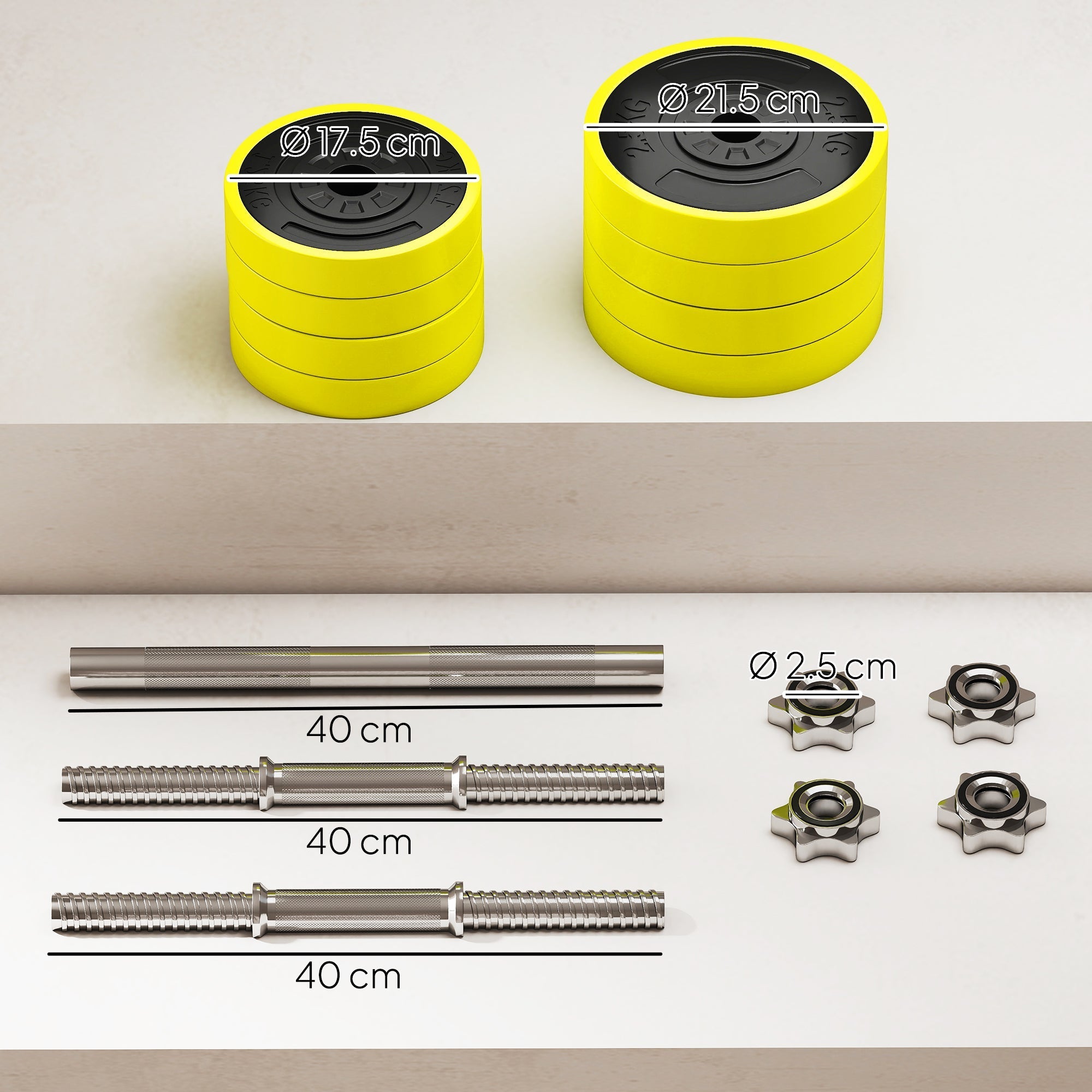 Bright yellow and black metal sand weight plates with star-shaped collars for homcom 20kgs adjustable dumbbell barbell set