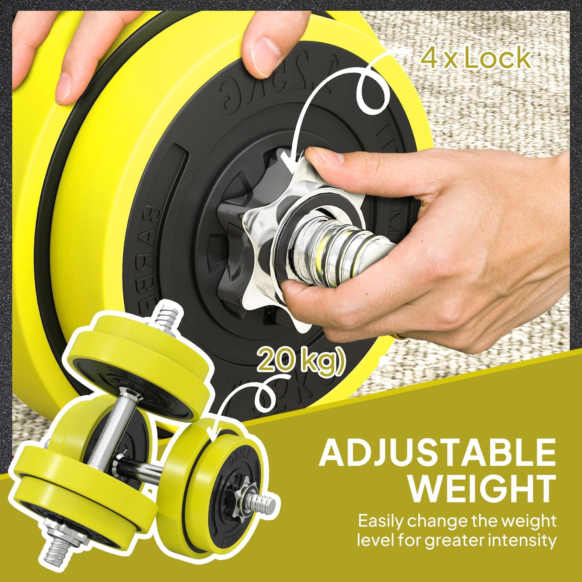 Bright yellow and black adjustable 20kgs dumbbell and barbell weight plate with metal sand for long service life