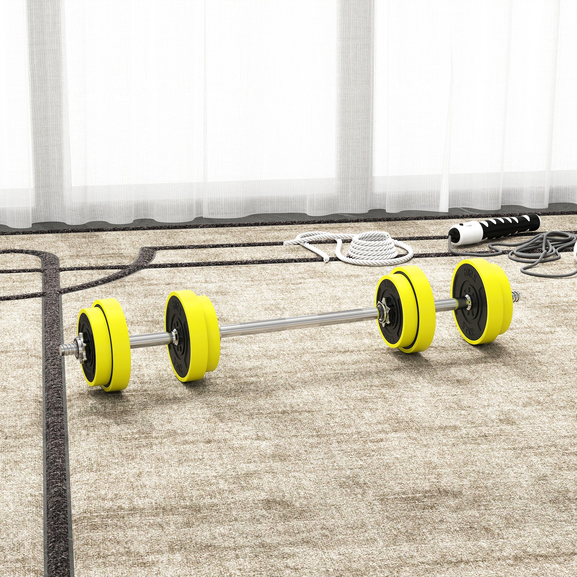 Bright yellow and black metal sand weight plates on a silver barbell for homcom 20kgs adjustable home gym set with long service life