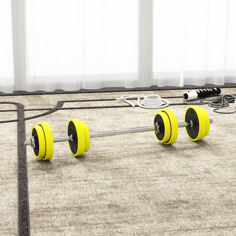 Bright yellow and black metal sand weight plates on a silver barbell for homcom 20kgs adjustable home gym set with long service life