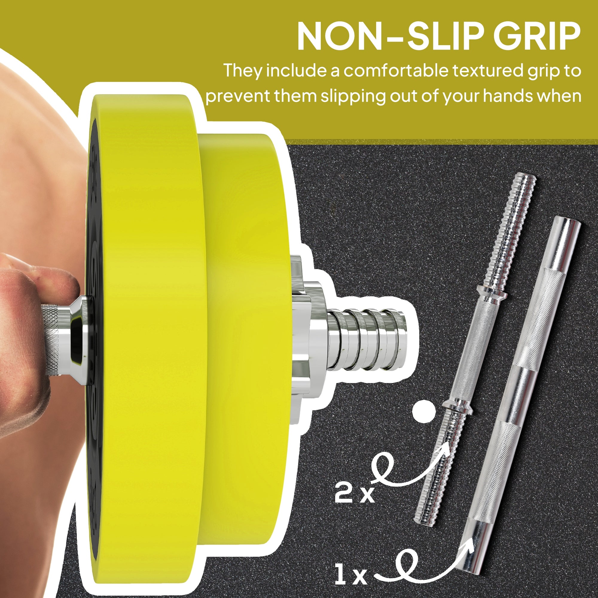Yellow homcom 20kgs adjustable dumbbell and barbell set with metal sand textured plates and silver bar ends for home gym use