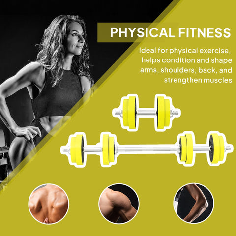 Bright yellow metal sand weight plates on silver barbells for homcom 20kgs adjustable dumbbell barbell set with long service life