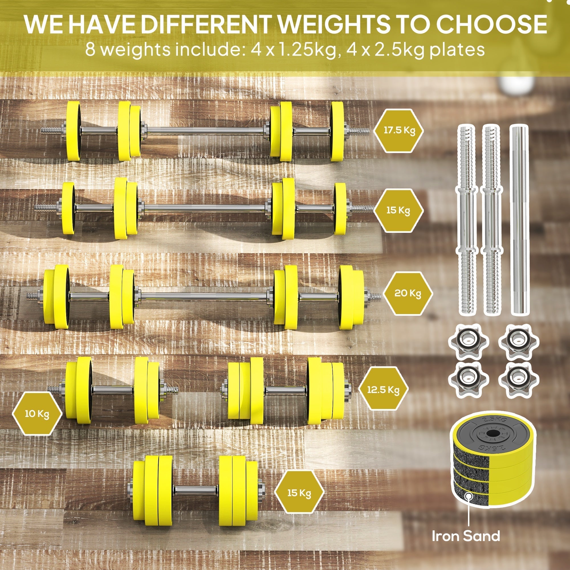 Set of yellow homcom adjustable dumbbells with metal handles and rubber-coated plates for long service life fitness use