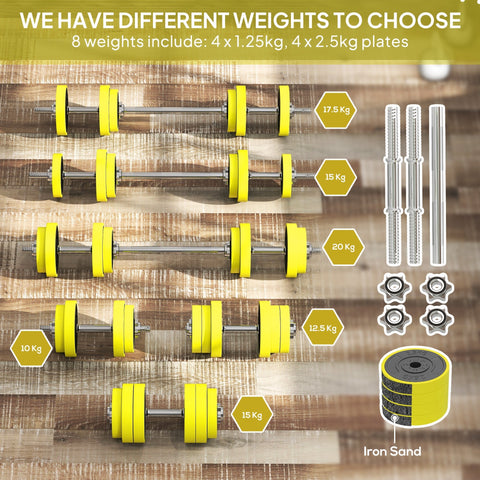 Set of yellow homcom adjustable dumbbells with metal handles and rubber-coated plates for long service life fitness use