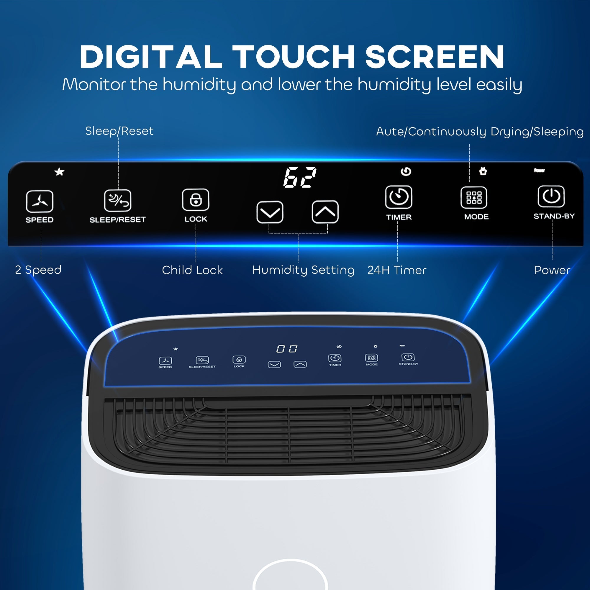 White and black HOMCOM 20L/day portable dehumidifier with digital touch screen, sleep mode, high speed, and 38db operation
