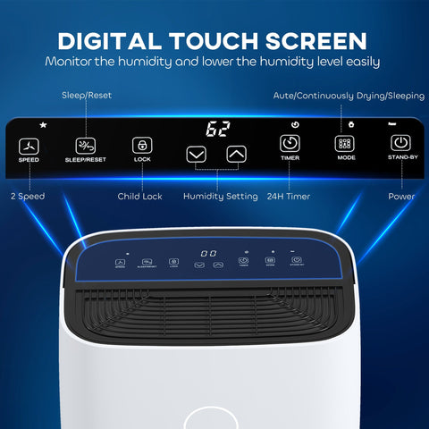 White and black HOMCOM 20L/day portable dehumidifier with digital touch screen, sleep mode, high speed, and 38db operation