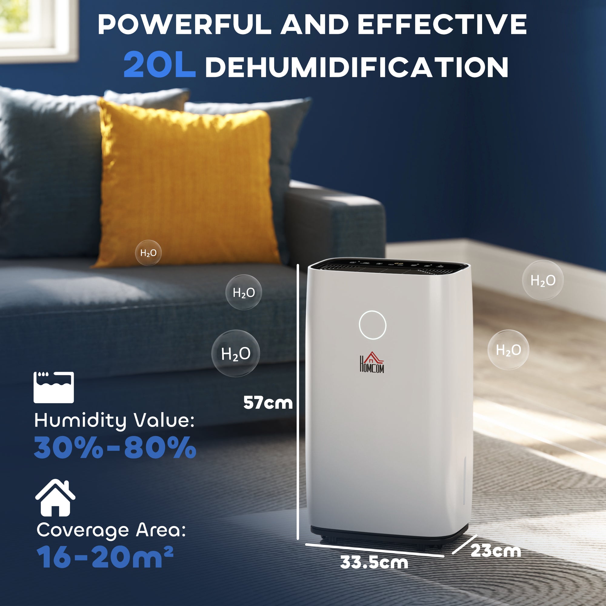White homcom portable dehumidifier with black top, sleep mode, 38db operation, and high speed for home use