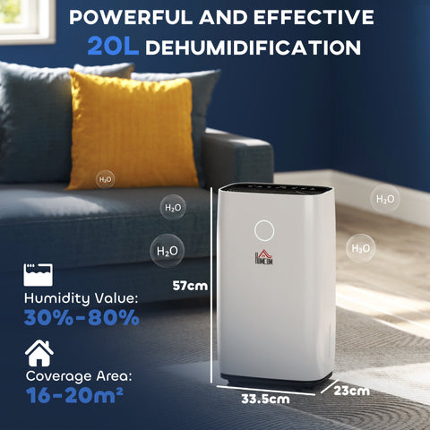 White homcom portable dehumidifier with black top, sleep mode, 38db operation, and high speed for home use