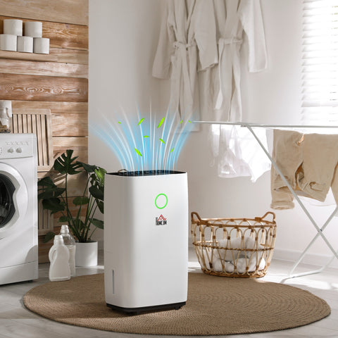 White rectangular homcom 20l/day portable dehumidifier with led screen sleep mode and 38db operation for home use