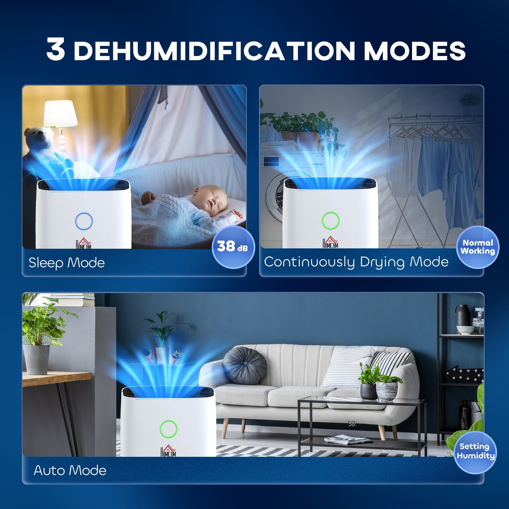 White rectangular homcom 20l/day portable dehumidifier with blue airflow glow high speed 38db operation for 16-20m² rooms