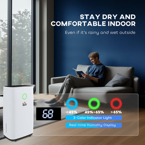 White rectangular HOMCOM 20L/day portable dehumidifier with digital humidity display 68%, 38db operation, and sleep mode indicator