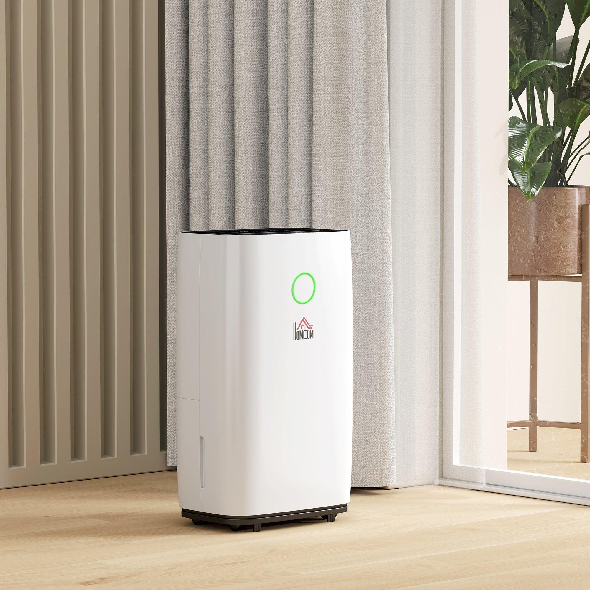 White rectangular homcom 20l/day portable dehumidifier with black top, sleep mode, led screen, and quiet 38db operation
