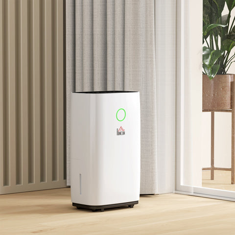 White rectangular homcom 20l/day portable dehumidifier with black top, sleep mode, led screen, and quiet 38db operation