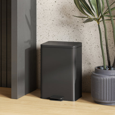 Dark gray matte black kitchen bin with stainless steel pedal and soft-close lid for home or office use