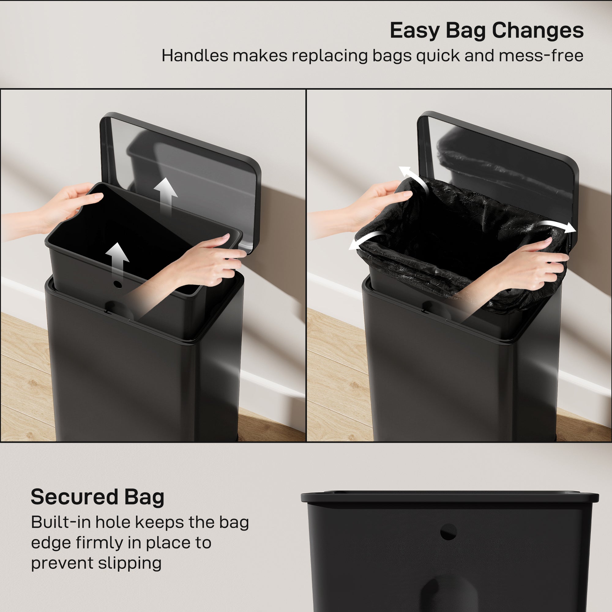 Matte black stainless steel kitchen bin with soft-close lid, built-in bag hole, and removable bucket for easy use