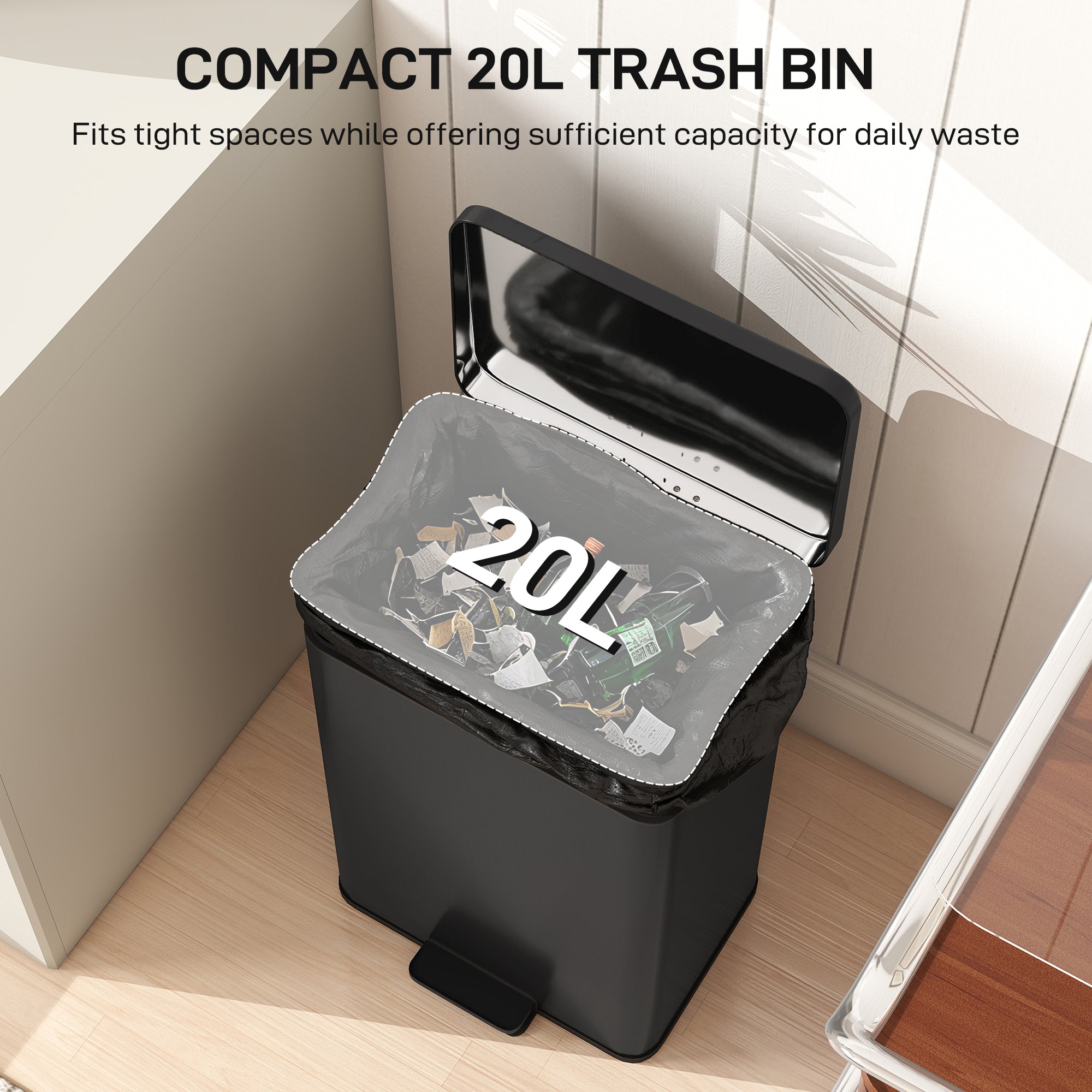 Matte black HOMCOM 20l kitchen bin with stainless steel pedal lid and clear plastic liner for home or office use