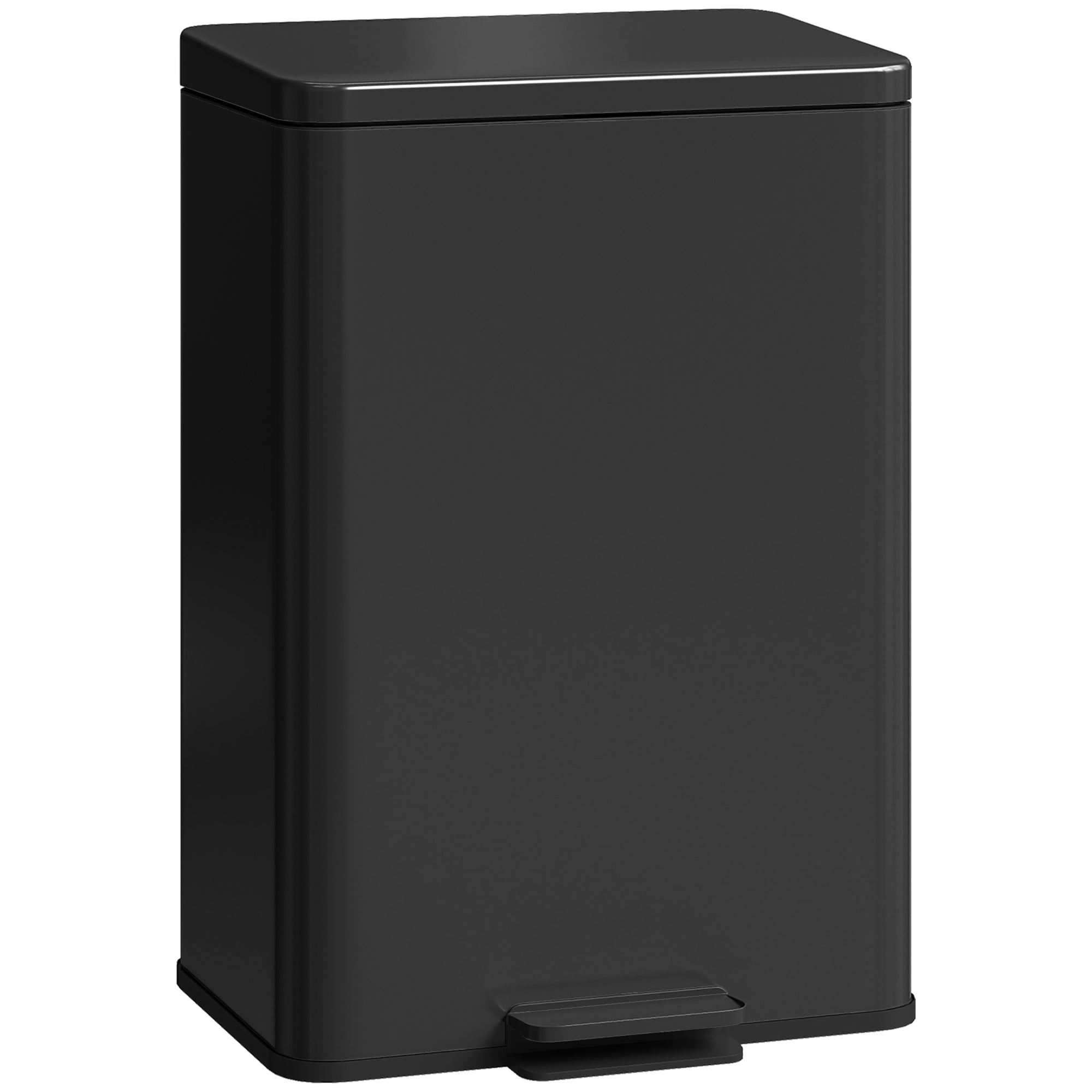Black rectangular stainless steel kitchen bin with matte black finish soft-close lid and removable inner bucket