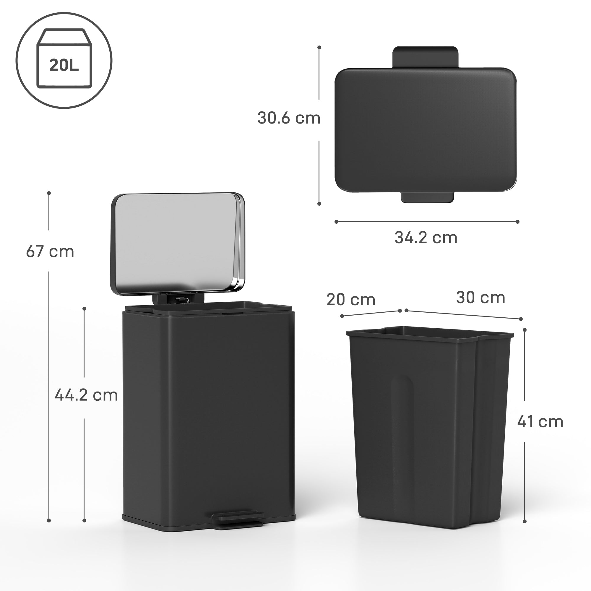 Black rectangular kitchen bin with stainless steel matte black pedal and soft-close lid for home and office use