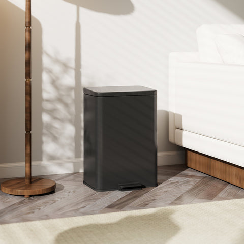 Black rectangular HOMCOM kitchen bin with stainless steel pedal, matte black finish, soft-close lid, and removable bucket