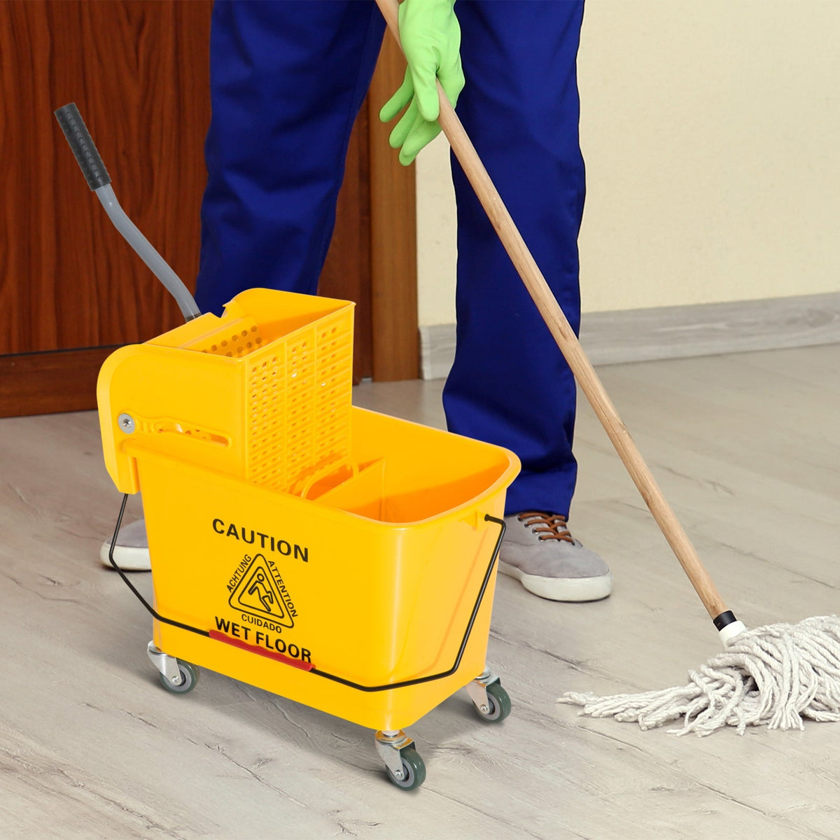 Bright yellow homcom 20l mop bucket with wheels and separation panel for easy excess water removal with safety text