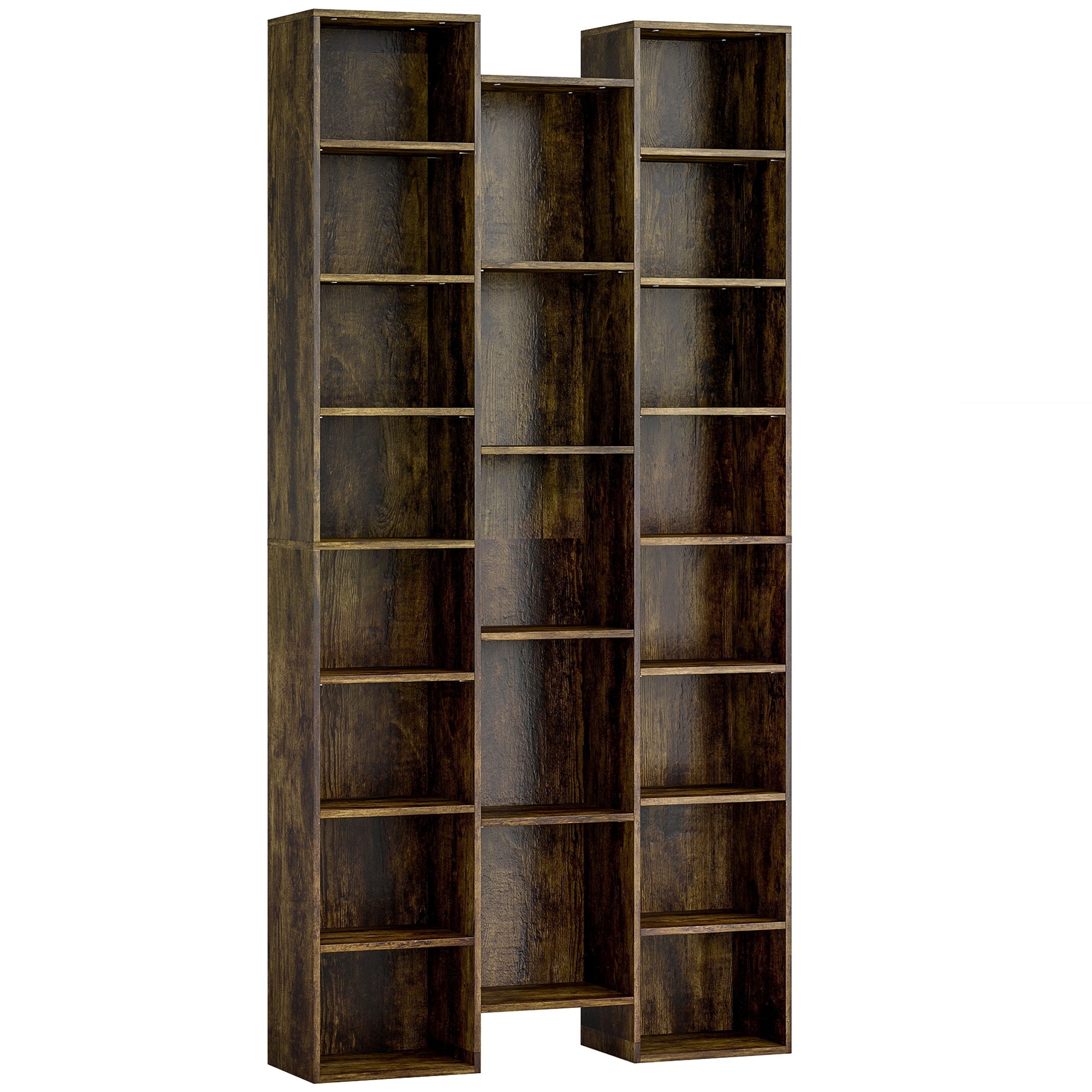 Homcom 21-compartment bookshelf in dark brown particle board with adjustable shelves for larger items and rustic finish