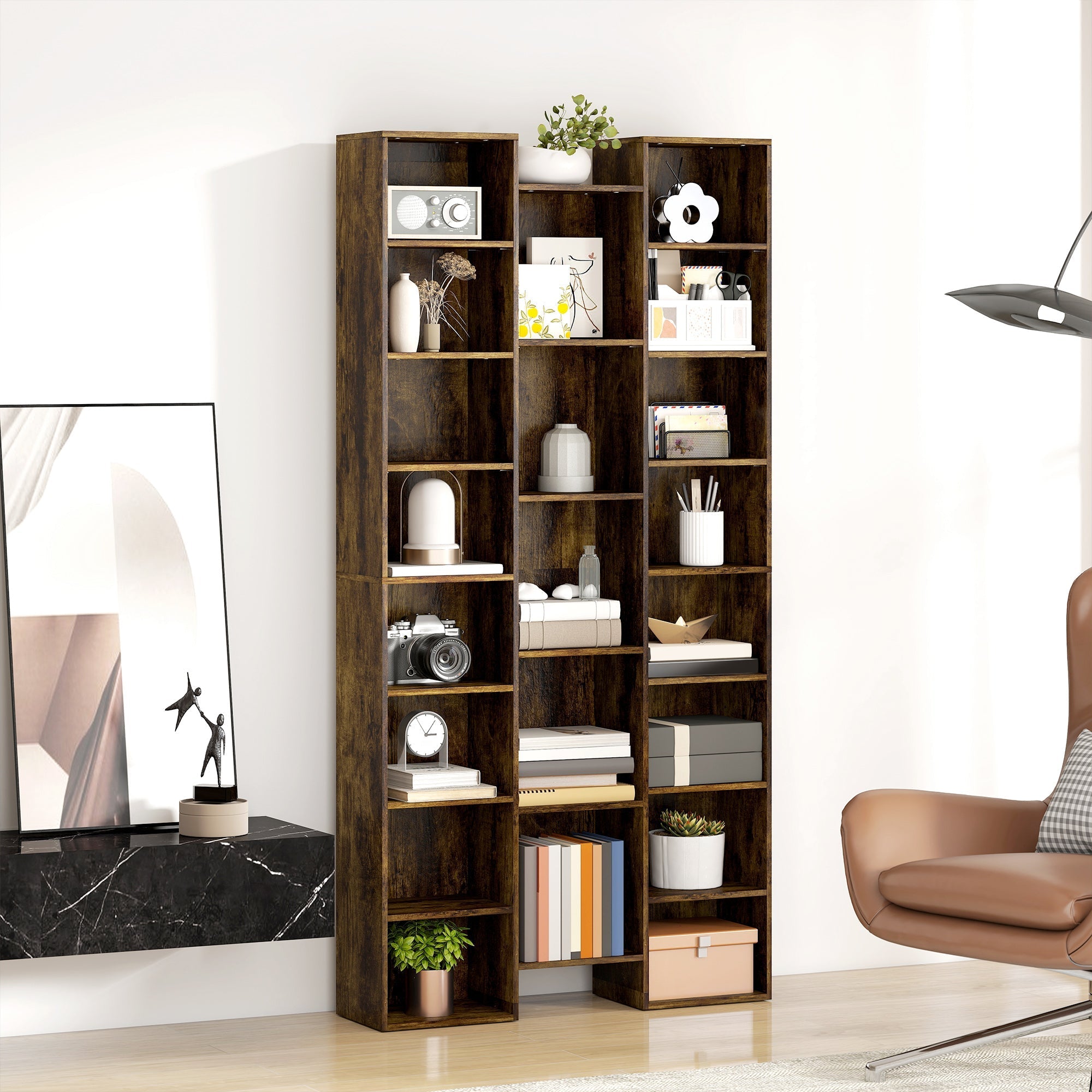 Dark brown rustic wood homcom 21-compartment bookshelf with adjustable shelves for larger items and varied shelf size