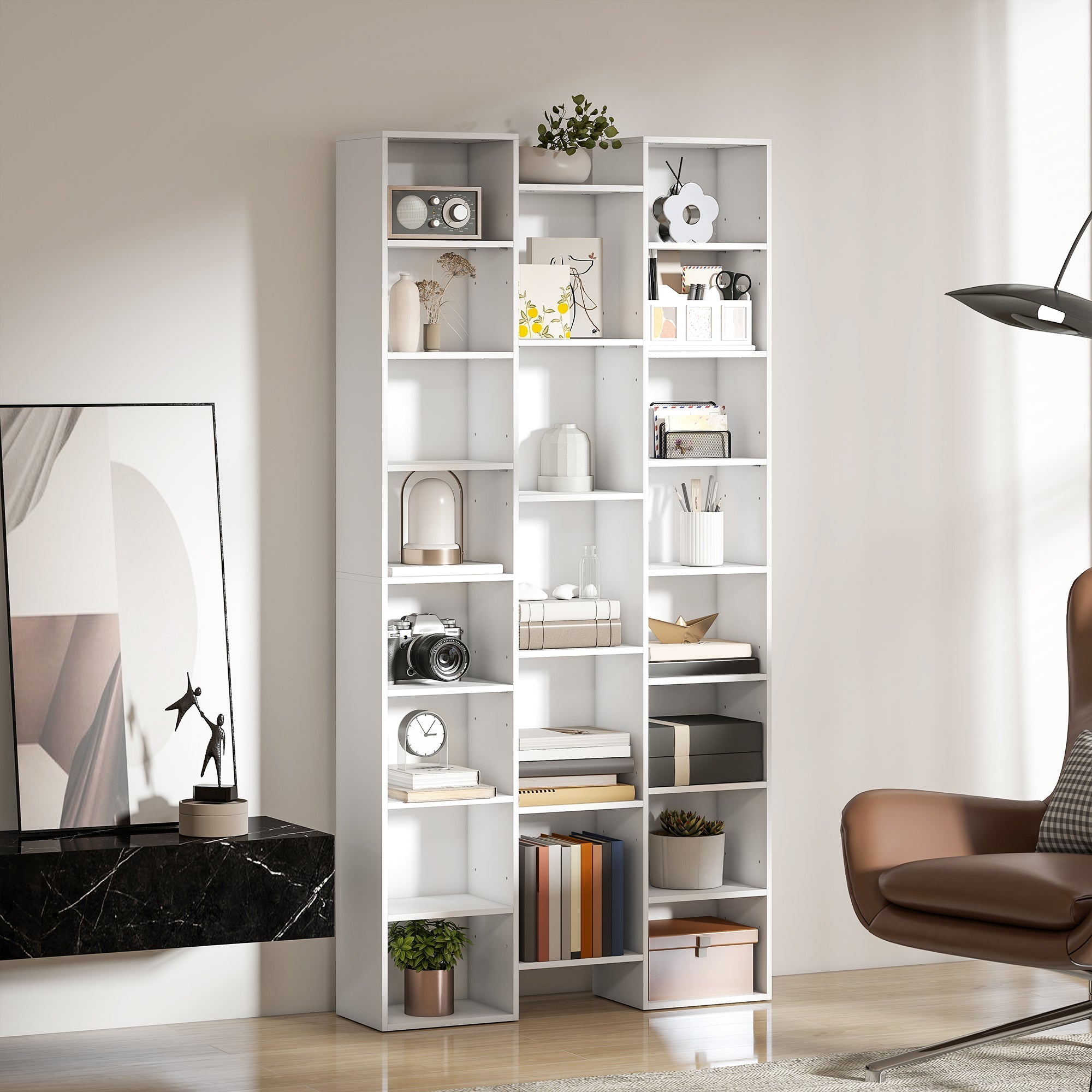 White homcom 21-compartment bookshelf with particle board adjustable shelves for storing larger items and decor
