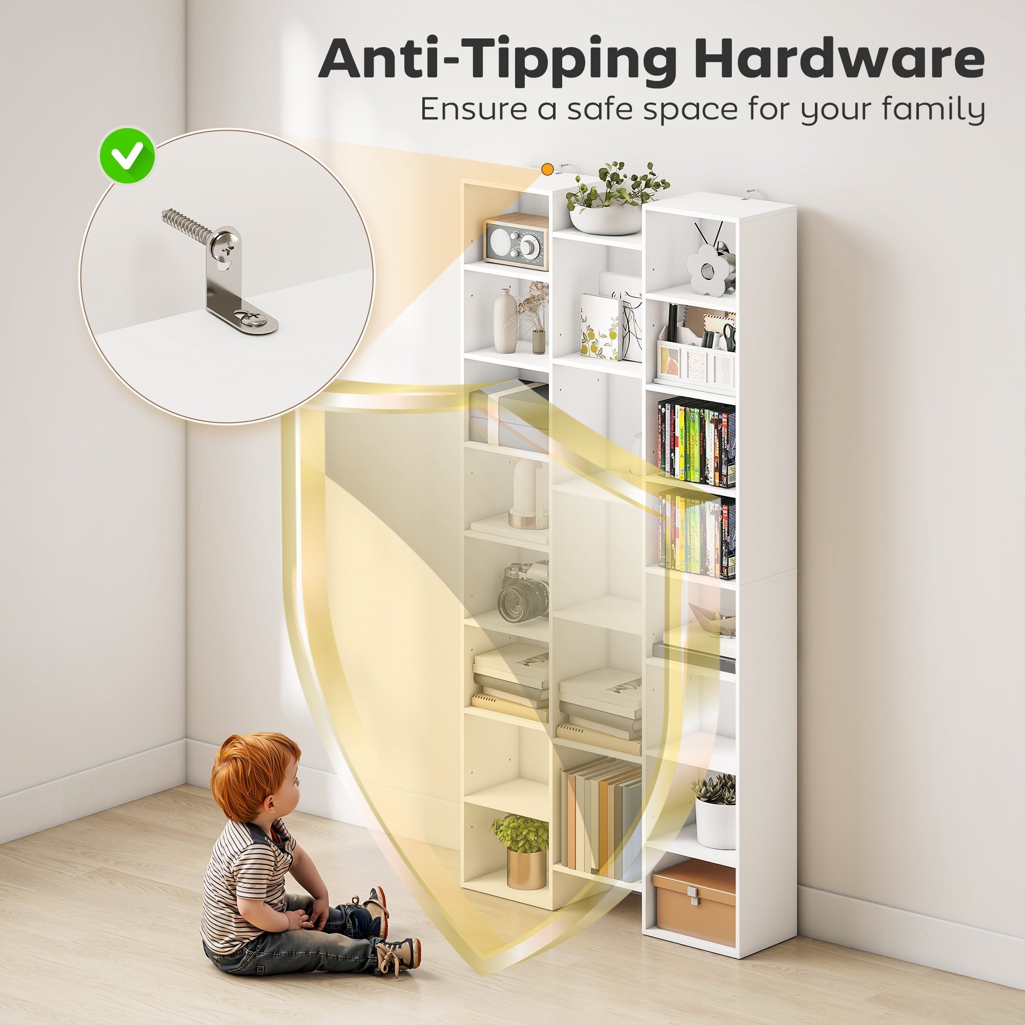 White homcom 21-compartment bookshelf with adjustable shelves made of particle board for storing larger items safely