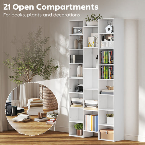 White homcom bookshelf with 21 open compartments made of particle board fits books plants and larger items