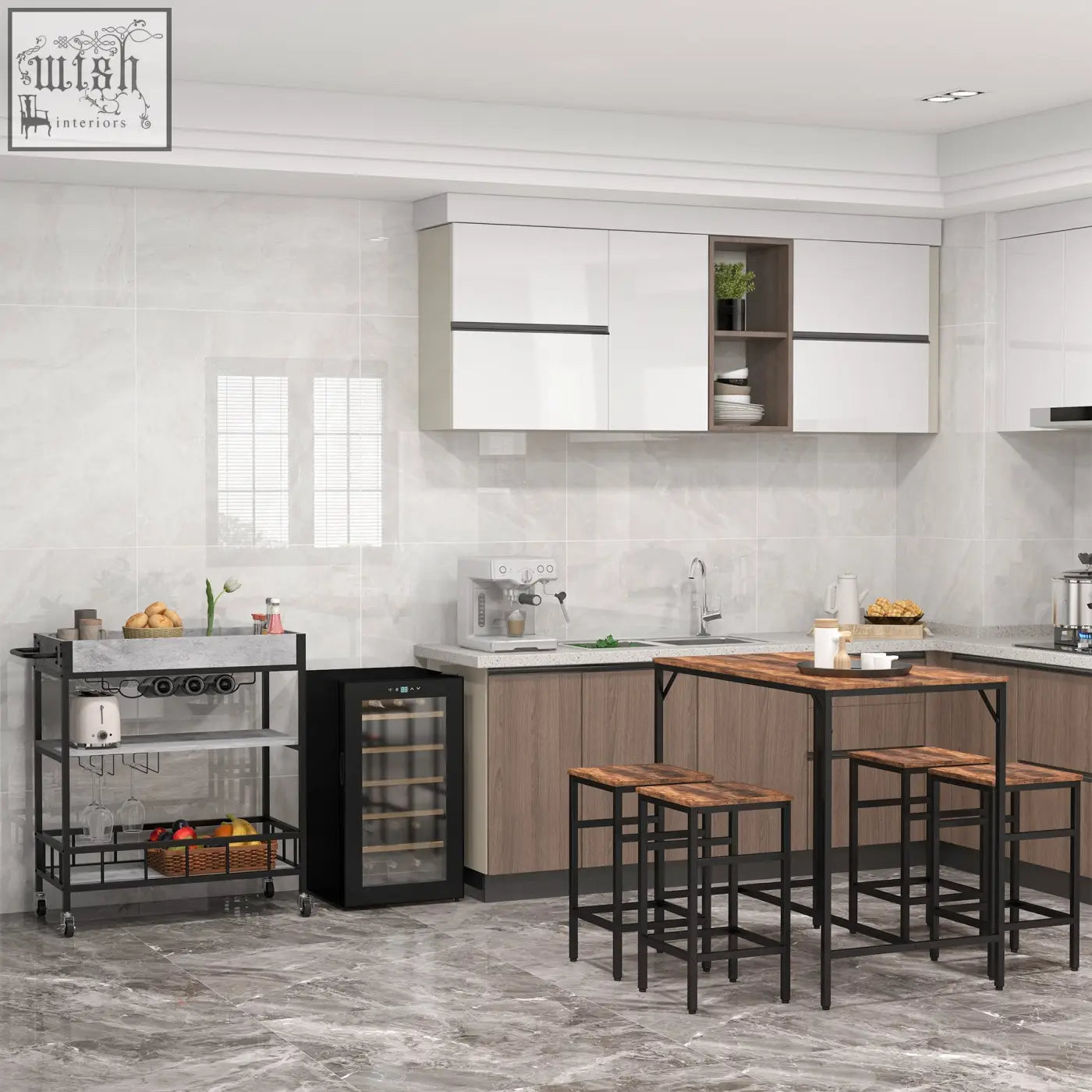 Black metal bar table with wooden top next to a black glass door wine cooler fridge with digital controls and led light