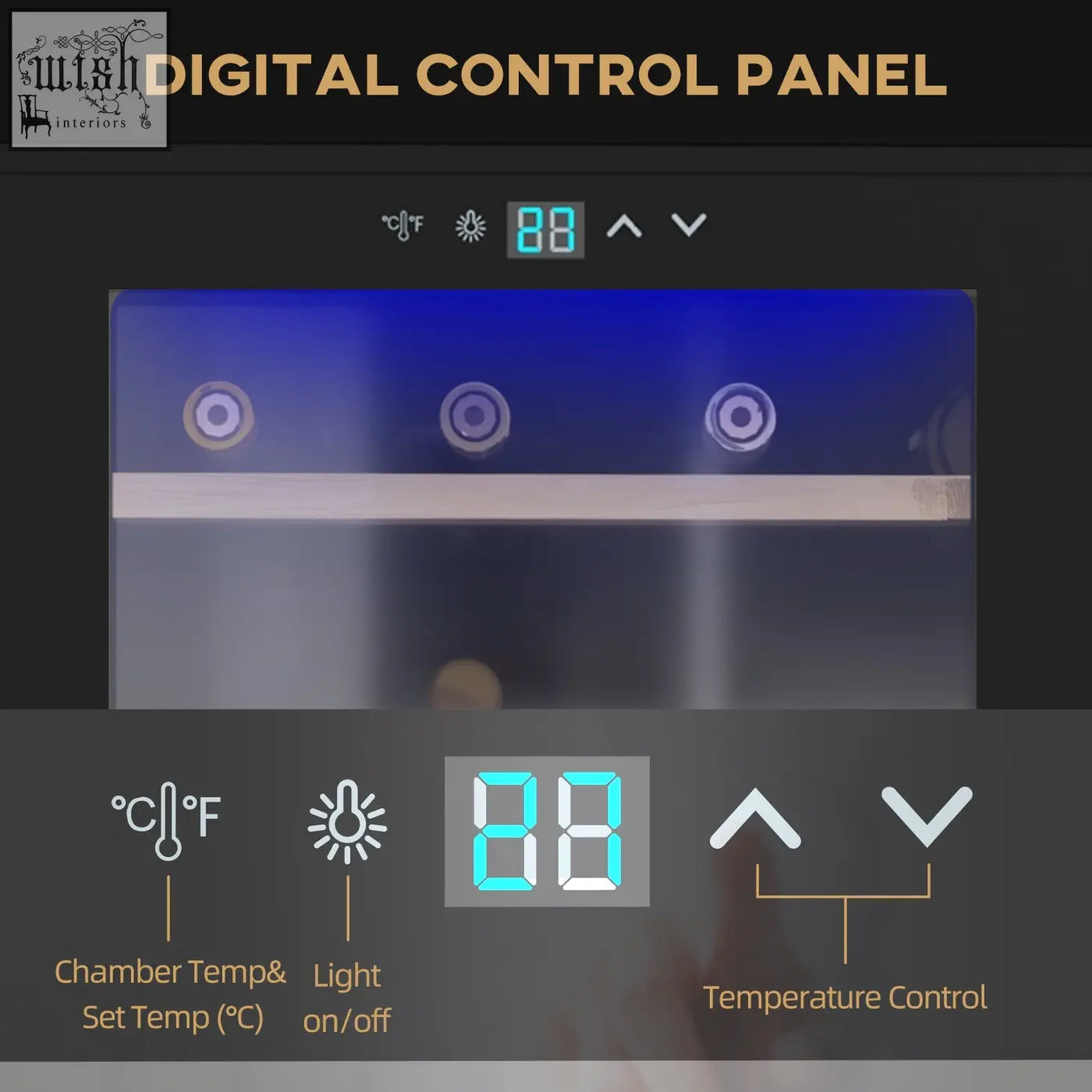 Digital control panel with blue led display on black homcom wine cooler fridge with glass door and temperature settings