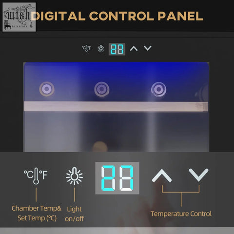 Digital control panel with blue led display on black homcom wine cooler fridge with glass door and temperature settings
