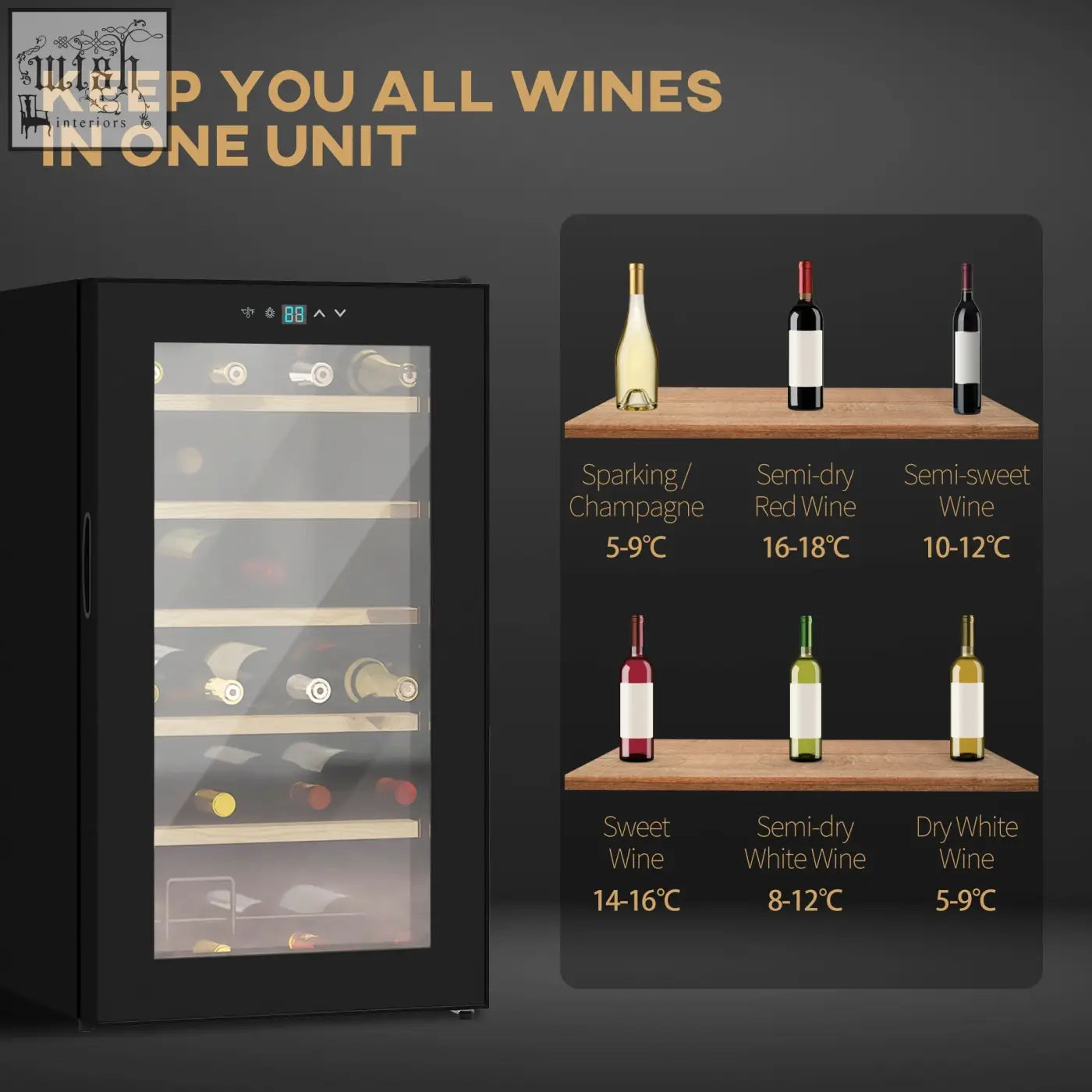 Black homcom wine cooler fridge with glass door digital display and adjustable shelves holds 24 bottles