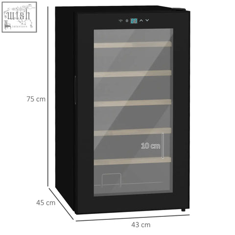 Black HOMCOM glass door wine cooler fridge with digital display and adjustable shelves for 24 bottles, 65 litres capacity