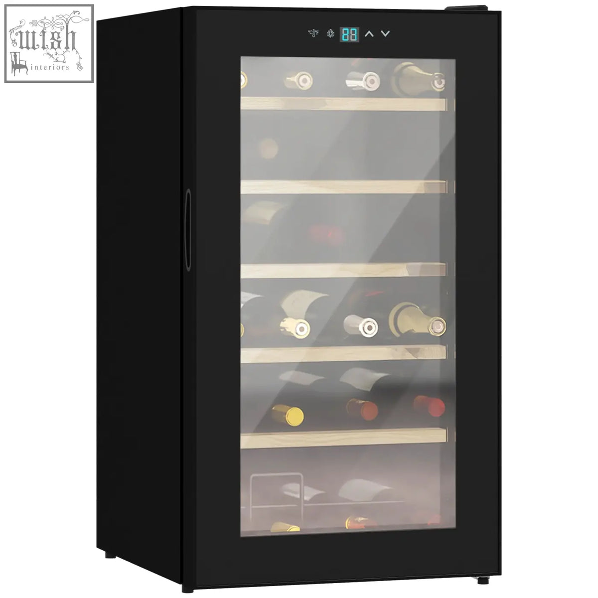 Black glass door wine cooler fridge with wooden shelves and digital display for 24 bottles by homcom