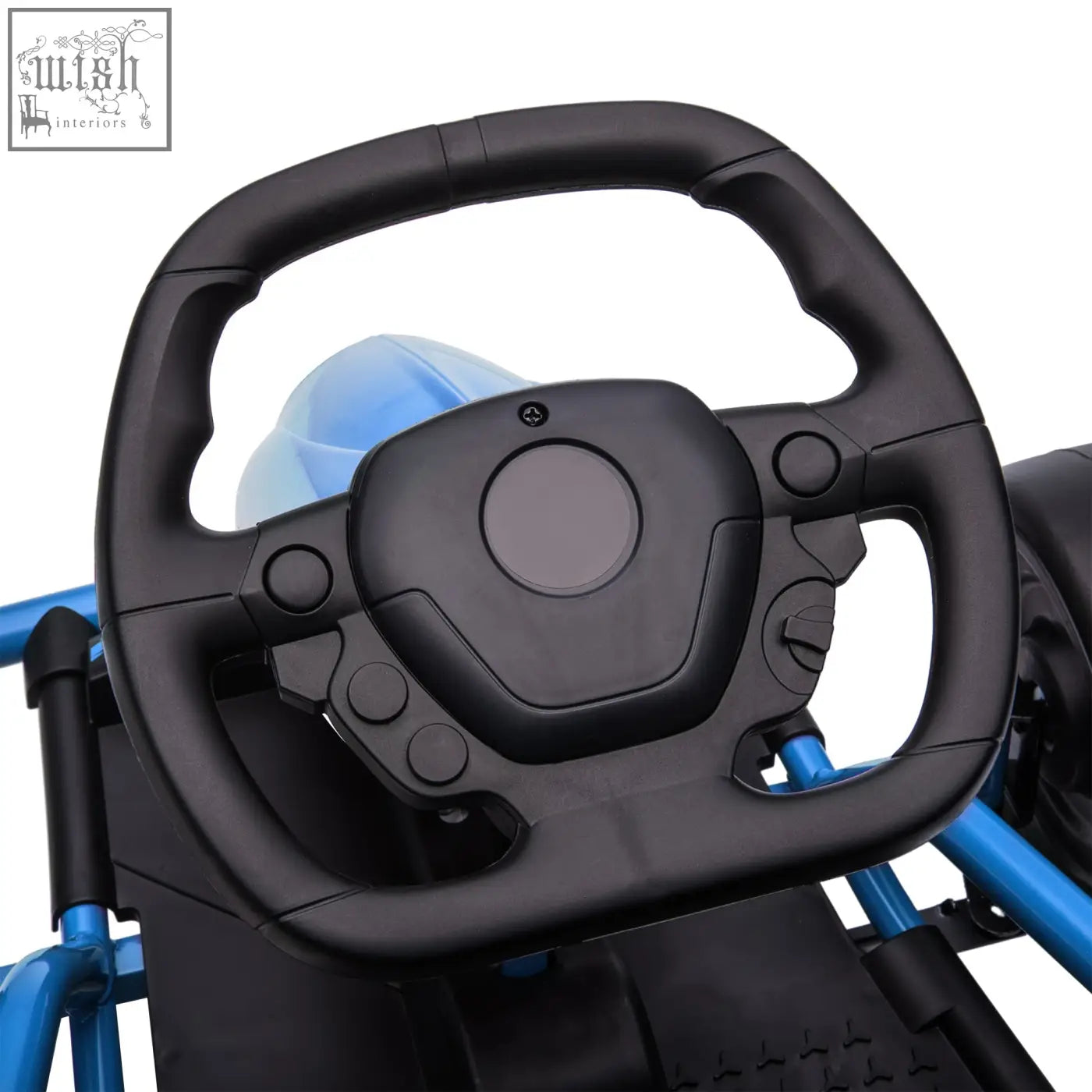 Black plastic steering wheel with buttons on blue frame of homcom 24v drift kart with dual drive motors and rear wheel drive