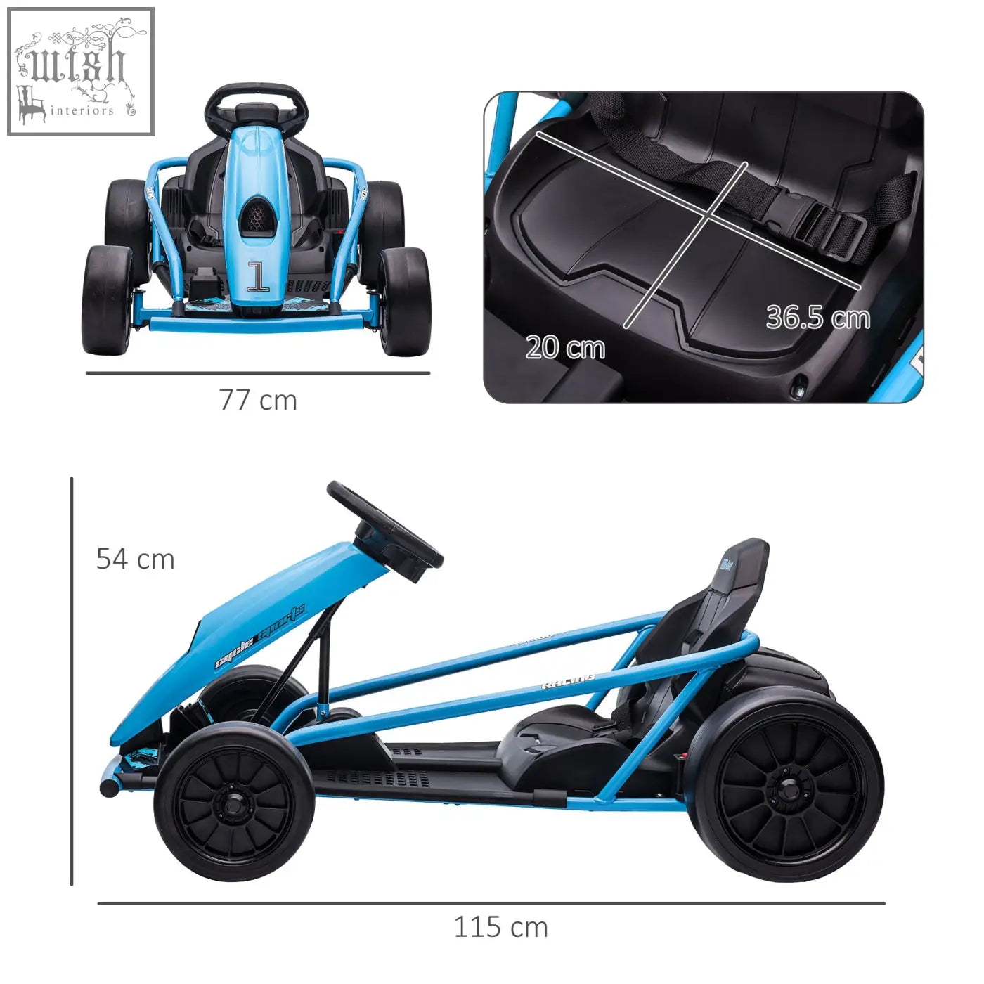 Blue and black homcom 24v drift kart with dual drive motors and rear wheel setup for kids 8-12 years old
