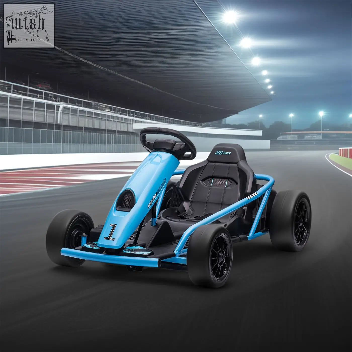Blue homcom 24v drift kart with sleek frame, black racing seat, dual drive motors, and rear wheel design for kids