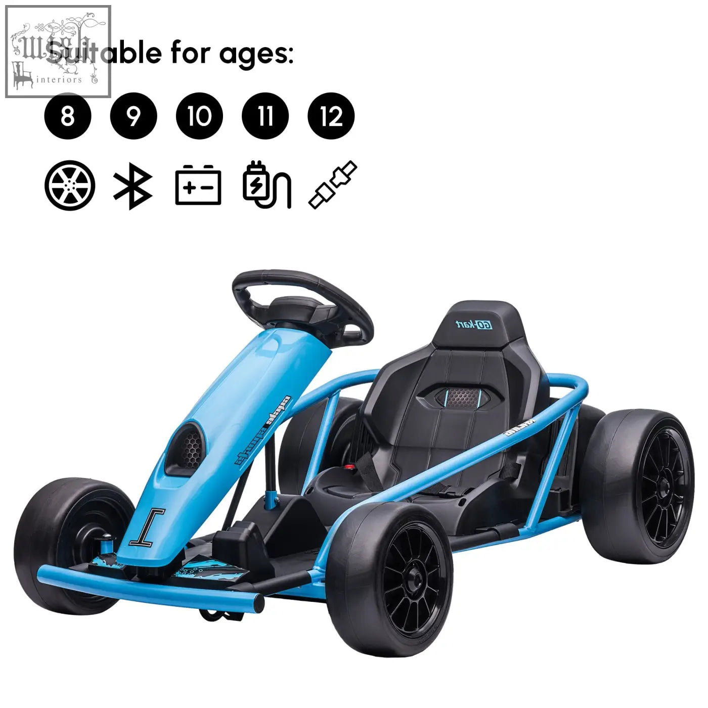 Blue homcom drift kart with sleek frame, black seat, rear wheel drive, and dual drive motors for kids aged 8-12
