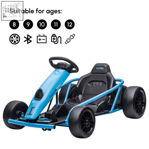 Blue homcom drift kart with sleek frame, black seat, rear wheel drive, and dual drive motors for kids aged 8-12