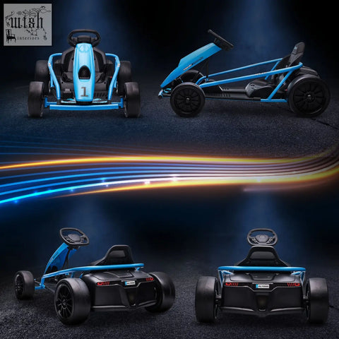 Blue and black homcom 24v drift kart with dual drive motors and rear wheel design for kids aged 8-12
