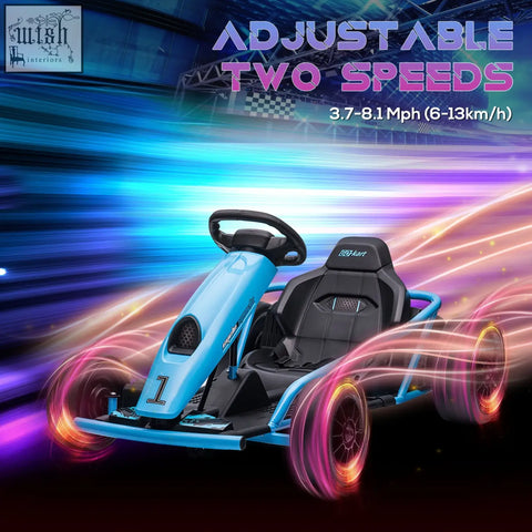 Light blue and black homcom 24v drift kart with dual drive motors and glowing rear wheel for kids aged 8-12
