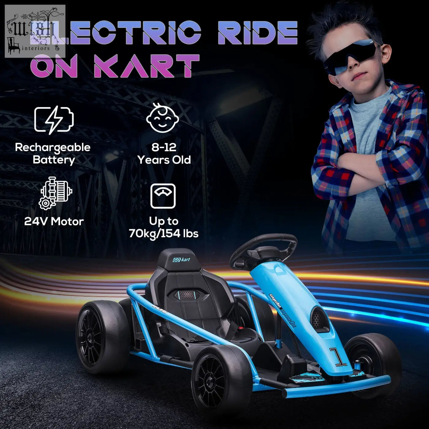 Blue homcom drift kart with dual drive motors and rear wheel design featuring black seat and sleek frame for kids