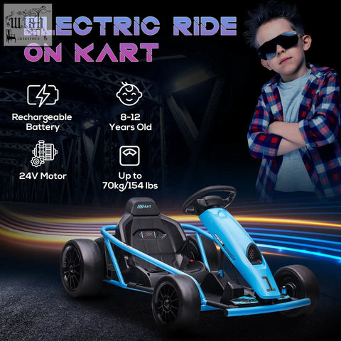Blue homcom drift kart with dual drive motors and rear wheel design featuring black seat and sleek frame for kids