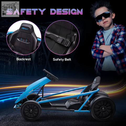 Blue and black homcom 24v drift kart electric ride-on with dual drive motors rear wheel and adjustable safety features
