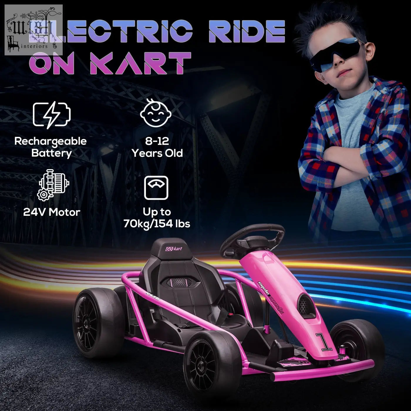 Pink and black homcom 24v electric drift go kart with music control for kids aged 8-12 years old