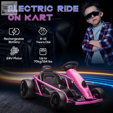 Pink and black homcom 24v electric drift go kart with music control for kids aged 8-12 years old