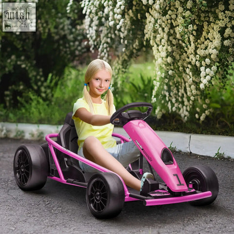 Pink homcom 24v electric drift go-kart for kids with black seat wheels and music control for ages 8-12 years old