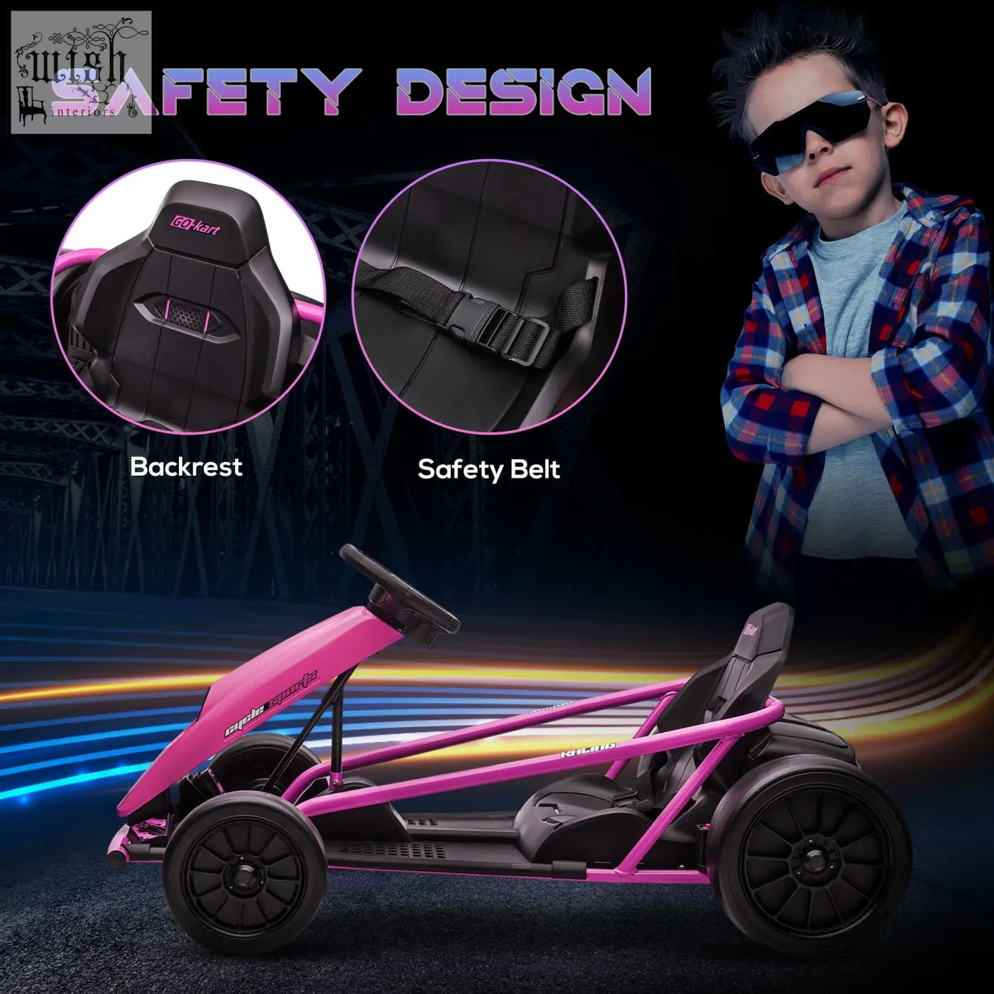 Pink and black homcom 24v electric drift go kart for kids with music control and sporty design for ages 8-12