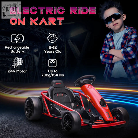 Homcom 24v electric red and black ride-on kart with sleek sporty design and 2 speeds for kids aged 8-12 years